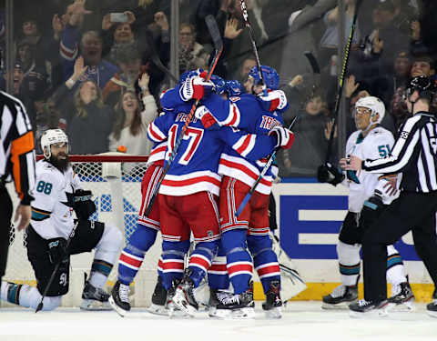 NEW YORK, NEW YORK – FEBRUARY 22: Jesper Fast #17 of the New York Rangers scores his second goal of the game which proved to be the game winner at 6:54 of the third period against the San Jose Sharks at Madison Square Garden on February 22, 2020 in New York City. The Rangers defeated the Sharks 3-2. (Photo by Bruce Bennett/Getty Images)