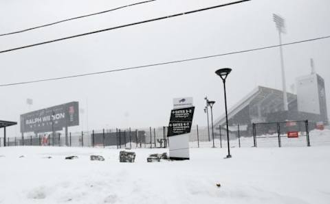 Nov 20, 2014; Orchard Park, NY, USA; A general view of the outside of Ralph Wilson Stadium after a major snow storm hit the area. Mandatory Credit: Kevin Hoffman-USA TODAY Sports