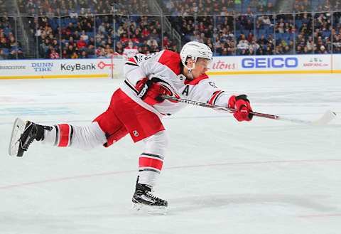 BUFFALO, NY – DECEMBER 15: Jeff Skinner #53 of the Carolina Hurricanes shoots the pucks against the Buffalo Sabres during an NHL game on December 15, 2017 at KeyBank Center in Buffalo, New York. (Photo by Bill Wippert/NHLI via Getty Images)