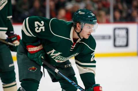 Dec 31, 2016; Saint Paul, MN, USA; Minnesota Wild defenseman Jonas Brodin (25) waits for the faceoff in the first period against the Columbus Blue Jackets at Xcel Energy Center. Mandatory Credit: Brad Rempel-USA TODAY Sports