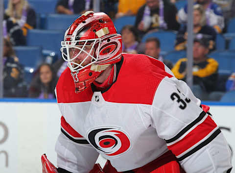 BUFFALO, NY – NOVEMBER 18: Scott Darling #33 of the Carolina Hurricanes tends goal against the Buffalo Sabres during an NHL game on November 18, 2017 at KeyBank Center in Buffalo, New York. (Photo by Bill Wippert/NHLI via Getty Images)