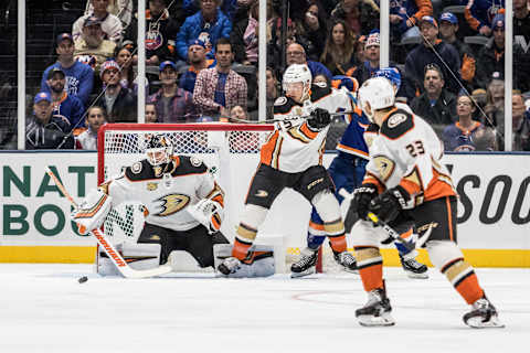 UNIONDALE, NY – JANUARY 20: Anaheim Ducks Goalie Chad Johnson (1) clears the puck from in front of the net during the first period of a regular season NHL game between the Anaheim Ducks and the New York Islanders on January 20, 2019, at Nassau Veterans Memorial Coliseum in Uniondale, NY. (Photo by David Hahn/Icon Sportswire via Getty Images)