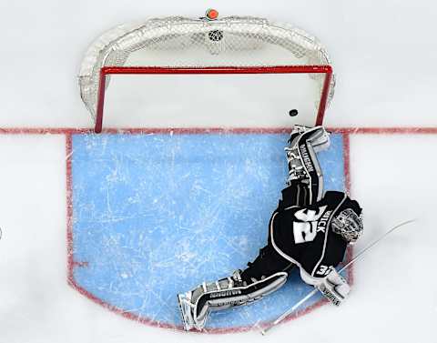 LOS ANGELES, CA – APRIL 17: Jonathan Quick #32 of the Los Angeles Kings allows a goal to Brayden McNabb #3 of the Vegas Golden Knights for a 1-0 lead during the second period in Game Four of the Western Conference First Round during the 2018 NHL Stanley Cup Playoffs at Staples Center on April 17, 2018 in Los Angeles, California. The Golden Knights would win the game 1-0 and sweep the series 4-0. (Photo by Harry How/Getty Images)