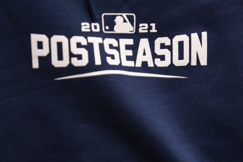 BOSTON, MA – OCTOBER 05: The postseason logo is displayed on the shirt of Christian Vazquez #7 of the Boston Red Sox is displayed before the 2021 American League Wild Card game against the New York Yankees at Fenway Park on October 5, 2021 in Boston, Massachusetts. (Photo by Billie Weiss/Boston Red Sox/Getty Images)