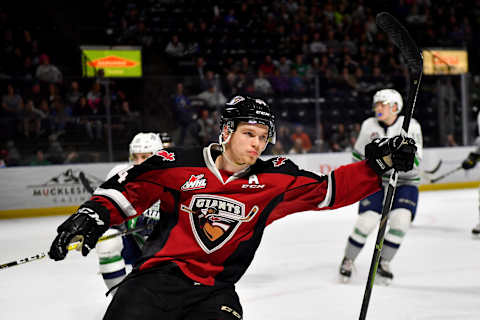 KENT, WASHINGTON – MARCH 30: Bowen Byram #44 of the Vancouver Giants celebrates after scoring against the Seattle Thunderbirds during the first period at the accesso ShoWare Center on March 30, 2019, in Kent, Washington. (Photo by Alika Jenner/Getty Images)