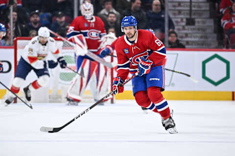 MONTREAL, CANADA – MARCH 30: Alex Belzile #60 of the Montreal Canadiens skates the puck during the second period against the Florida Panthers at Centre Bell on March 30, 2023 in Montreal, Quebec, Canada. The Florida Panthers defeated the Montreal Canadiens 5-2. (Photo by Minas Panagiotakis/Getty Images)