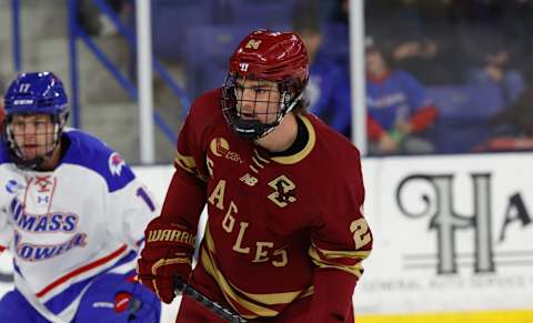 LOWELL, MA – FEBRUARY 3: Andre Gasseau #24 of the Boston College Eagles skates against the UMass Lowell River Hawks during NCAA men’s hockey at the Tsongas Center on February 3, 2023 in Lowell, Massachusetts. The game ended in a 2-2 tie with the River Hawks winning the extra point in a shootout. (Photo by Richard T Gagnon/Getty Images)