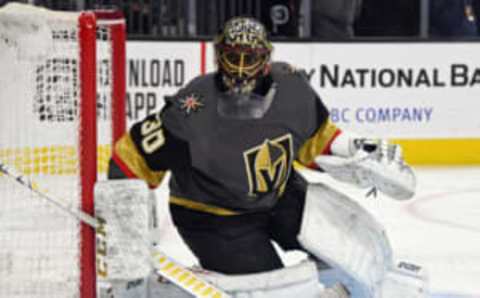 LAS VEGAS, NEVADA – FEBRUARY 13: Malcolm Subban #30 of the Vegas Golden Knights takes a break during a stop in play in the first period of a game against the St. Louis Blues at T-Mobile Arena on February 13, 2020, in Las Vegas, Nevada. The Golden Knights defeated the Blues 6-5 in overtime. (Photo by Ethan Miller/Getty Images)