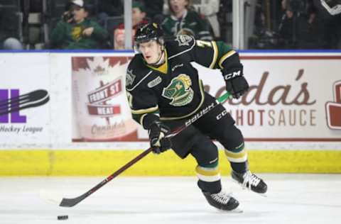 LONDON, ON – FEBRUARY 24: Joey Keane #7 of the London Knights skates with the puck in the first period during OHL game action against the North Bay Battalion at Budweiser Gardens on February 24, 2019 in London, Canada. (Photo by Tom Szczerbowski/Getty Images)