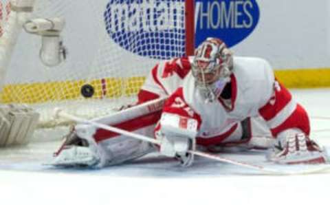 Feb 20, 2016; Ottawa, Ontario, CAN; The Ottawa Senators score against Detroit Red Wings goalie Petr Mrazek (34) in the second period at the Canadian Tire Centre. Mandatory Credit: Marc DesRosiers-USA TODAY Sports