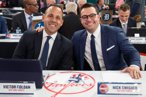 SECAUCUS, NJ – JUNE 4: New York Yankees team reps Victor Roldan and Nick Swisher during the 2018 Major League Baseball Draft at Studio 42 at the MLB Network on Monday, June 4, 2018 in Secaucus, New Jersey. (Photo by Mary DeCicco/MLB Photos via Getty Images)