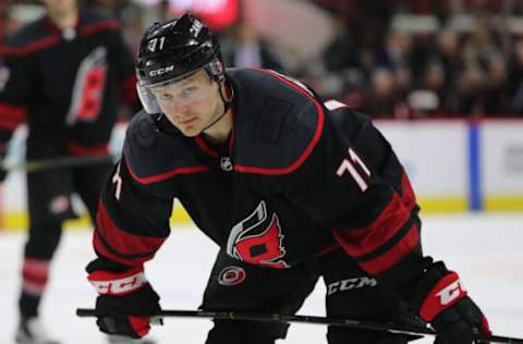 RALEIGH, NC – JANUARY 18: Carolina Hurricanes center Lucas Wallmark (71) during the 3rd period of the Carolina Hurricanes game versus the Ottawa Senators on January 18th, 2019 at PNC Arena in Raleigh, NC. (Photo by Jaylynn Nash/Icon Sportswire via Getty Images)