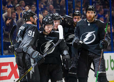 TAMPA, FL – MARCH 30: Tyler Johnson #9 of the Tampa Bay Lightning celebrates his goal with teammates Adam Erne #73, Jan Rutta, Braydon Coburn, and Steven Stamkos #91 against the Washington Capitals at Amalie Arena on March 30, 2019 in Tampa, Florida. (Photo by Scott Audette/NHLI via Getty Images)