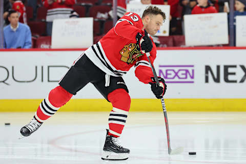 Max Domi #13 of the Chicago Blackhawks (Photo by Michael Reaves/Getty Images)