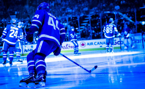 TORONTO, ON - NOVEMBER 9: Morgan Rielly #44 of the Toronto Maple Leafs takes the ice before playing the Philadelphia Flyers at the Scotiabank Arena on November 9, 2019 in Toronto, Ontario, Canada. (Photo by Mark Blinch/NHLI via Getty Images)