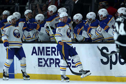 LOS ANGELES, CALIFORNIA – OCTOBER 31: Victor Olofsson #71 of the Buffalo Sabres celebrates a goal against the Los Angeles Kings in the second period at Staples Center on October 31, 2021 in Los Angeles, California. (Photo by Ronald Martinez/Getty Images)