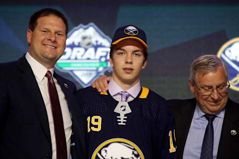 VANCOUVER, BRITISH COLUMBIA – JUNE 21: Ryan Johnson reacts after being selected thirty-first overall by the Buffalo Sabres during the first round of the 2019 NHL Draft at Rogers Arena on June 21, 2019 in Vancouver, Canada. (Photo by Bruce Bennett/Getty Images)