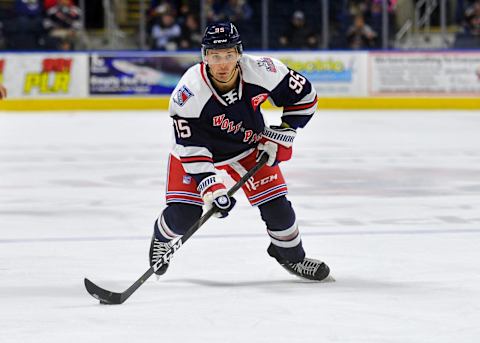 BRIDGEPORT, CT – DECEMBER 5: Vinni Lettieri #95 of the Hartford Wolf Pack looks to pass during a game against the Bridgeport Sound Tigers at the Webster Bank Arena on December 5, 2018 in Bridgeport, Connecticut. (Photo by Gregory Vasil/Getty Images)