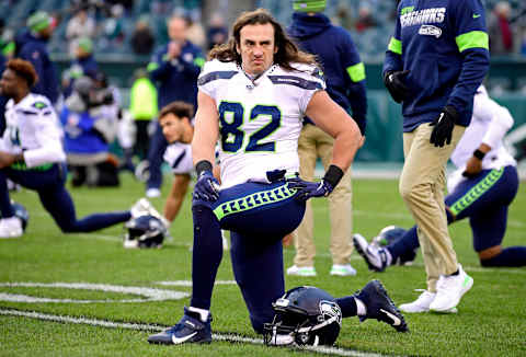 Luke Willson of the Seattle Seahawks warms up prior to the NFC Wild Card Playoff game against the Philadelphia Eagles at Lincoln Financial Field on January 05, 2020.