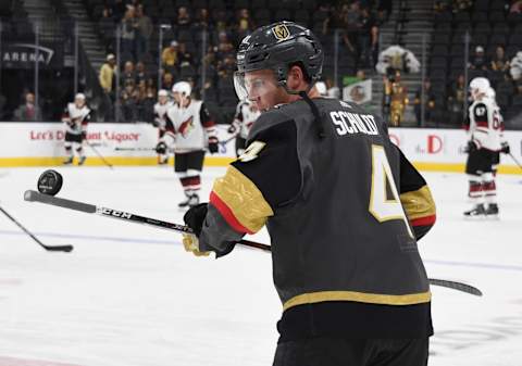 LAS VEGAS, NEVADA – SEPTEMBER 15: Jimmy Schuldt #4 of the Vegas Golden Knights warms up prior to a game against the Arizona Coyotes at T-Mobile Arena on September 15, 2019 in Las Vegas, Nevada. (Photo by David Becker/NHLI via Getty Images)