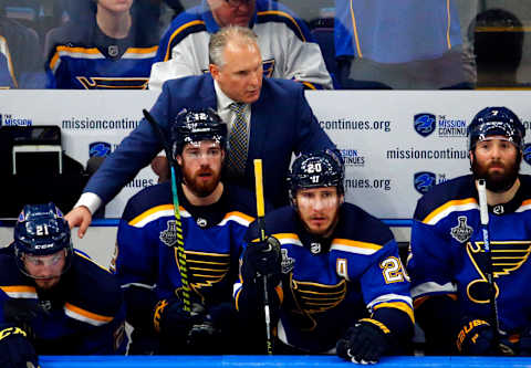 ST LOUIS, MISSOURI – JUNE 09: Head coach Craig Berube of the St. Louis Blues reacts against the Boston Bruins during the third period in Game Six of the 2019 NHL Stanley Cup Final at Enterprise Center on June 09, 2019 in St Louis, Missouri. (Photo by Dilip Vishwanat/Getty Images)