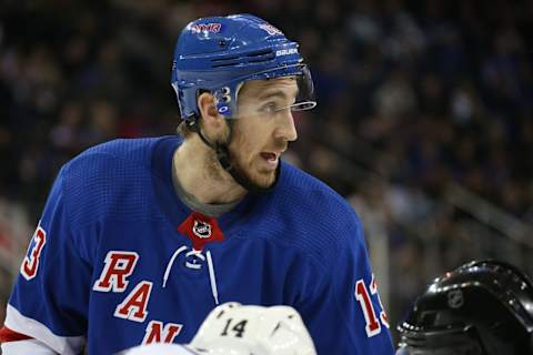 NEW YORK, NY – DECEMBER 23: Kevin Hayes #13 of the New York Rangers looks on against the Philadelphia Flyers at Madison Square Garden on December 23, 2018 in New York City. (Photo by Jared Silber/NHLI via Getty Images)