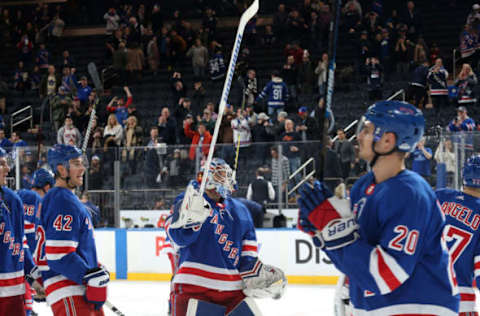 NEW YORK, NY – FEBRUARY 10: Alexandar Georgiev #40 of the New York Rangers salutes the crowd after a 55 save performance and a 4-1 against the Toronto Maple Leafs at Madison Square Garden on February 10, 2019 in New York City. (Photo by Jared Silber/NHLI via Getty Images)