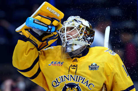 TAMPA, FLORIDA – APRIL 06: Yaniv Perets #1 of the Quinnipiac Bobcats looks on during a semifinal of the 2023 Frozen Four against the Michigan Wolverines at Amalie Arena on April 06, 2023 in Tampa, Florida. (Photo by Mike Ehrmann/Getty Images)