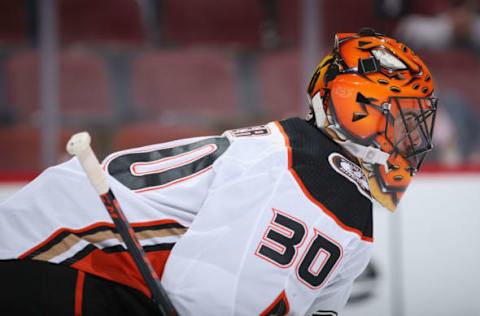 GLENDALE, ARIZONA – MARCH 14: Goaltender Ryan Miller #30 of the Anaheim Ducks in action during the first period of the NHL game against the Arizona Coyotes at Gila River Arena on March 14, 2019 in Glendale, Arizona. (Photo by Christian Petersen/Getty Images)