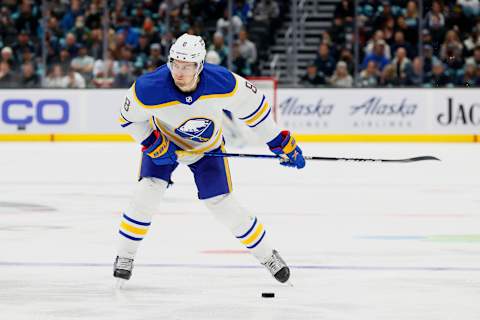 SEATTLE, WASHINGTON – NOVEMBER 04: Robert Hagg #8 of the Buffalo Sabres in action against the Seattle Kraken on November 04, 2021 at Climate Pledge Arena in Seattle, Washington. (Photo by Steph Chambers/Getty Images)