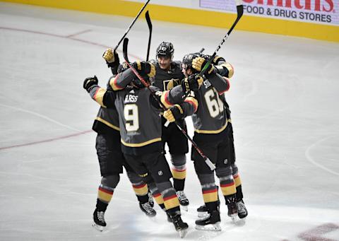 LAS VEGAS, NEVADA – OCTOBER 02: Mark Stone #61 of the Vegas Golden Knights celebrates after scoring a goal during the first period against the San Jose Sharks at T-Mobile Arena on October 02, 2019 in Las Vegas, Nevada. (Photo by Chris Unger/NHLI via Getty Images)