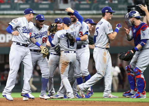 ATLANTA, GA – OCTOBER 08: The Los Angeles Dodgers celebrate winning Game Four of the National League Division Series with a score of 6-2 over the Atlanta Braves at Turner Field on October 8, 2018 in Atlanta, Georgia. The Dodgers won the series 3-1. (Photo by Rob Carr/Getty Images)