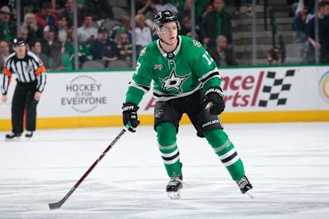 DALLAS, TX – FEBRUARY 16: Mattias Janmark #13 of the Dallas Stars skates against the St. Louis Blues at the American Airlines Center on February 16, 2018 in Dallas, Texas. (Photo by Glenn James/NHLI via Getty Images)