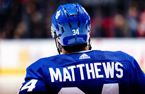 TORONTO, ON – FEBRUARY 2: Auston Matthews #34 of the Toronto Maple Leafs looks on in a break against the Pittsburgh Penguins during the second period at the Scotiabank Arena on February 2, 2019 in Toronto, Ontario, Canada. (Photo by Mark Blinch/NHLI via Getty Images)