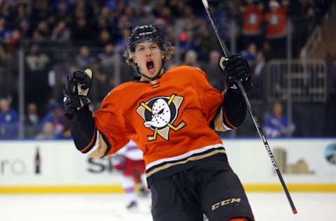 Dec 22, 2015; New York, NY, USA; Anaheim Ducks center Rickard Rakell (67) celebrates his game tying goal against the New York Rangers during the third period at Madison Square Garden. The Rangers defeated the Ducks 3-2 in overtime. Mandatory Credit: Brad Penner-USA TODAY Sports