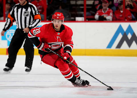 RALEIGH, NC – OCTOBER 29: Sebastian Aho #20 of the Carolina Hurricanes carries the puck during an NHL game against the Anaheim Ducks on October 29, 2017 at PNC Arena in Raleigh, North Carolina. (Photo by Gregg Forwerck/NHLI via Getty Images)