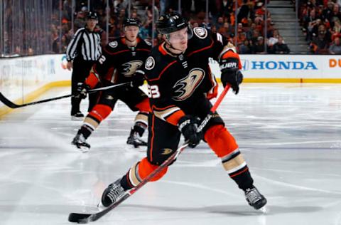 ANAHEIM, CA – APRIL 14: Jakob Silfverberg #33 of the Anaheim Ducks winds up for a shot in Game Two of the Western Conference First Round against the San Jose Sharks during the 2018 NHL Stanley Cup Playoffs at Honda Center on April 14, 2018, in Anaheim, California. (Photo by Debora Robinson/NHLI via Getty Images) *** Local Caption ***