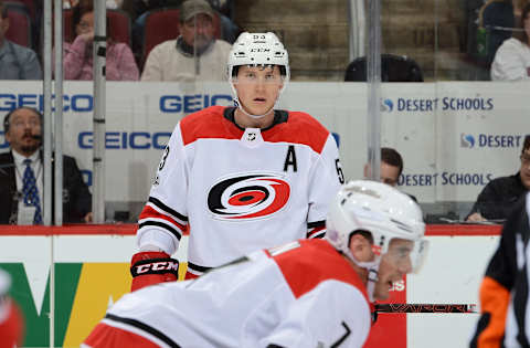 GLENDALE, AZ – NOVEMBER 04: Jeff Skinner #53 of the Carolina Hurricanes gets ready prior to a faceoff against the Arizona Coyotes at Gila River Arena on November 4, 2017 in Glendale, Arizona. (Photo by Norm Hall/NHLI via Getty Images)