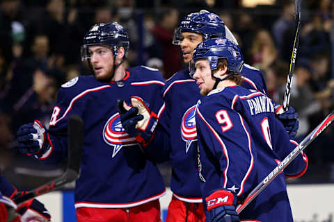 Mar 12, 2018; Columbus, OH, USA; Columbus Blue Jackets defenseman Seth Jones (middle) celebrates with teammates center Pierre-Luc Dubois (left) and left wing Artemi Panarin (9), after scoring a goal against the Montreal Canadiens in the first period at Nationwide Arena. Mandatory Credit: Aaron Doster-USA TODAY Sports