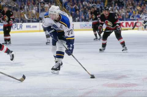 20 Mar 1999: Pierre Turgeon #77 of the St. Louis Blues in action during the game against the Ottowa Senators at the Kiel Center in St. Louis, Missouri. The Senators defeated the Blues 3-2.