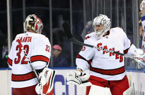 NEW YORK, NEW YORK – MAY 28: Pyotr Kochetkov #52 (R) comes in to replace Antti Raanta #32 (L) during the second period against the New York Rangers in Game Six of the Second Round of the 2022 Stanley Cup Playoffs at Madison Square Garden on May 28, 2022, in New York City. (Photo by Bruce Bennett/Getty Images)