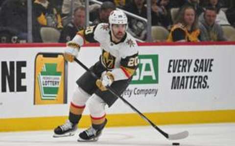 PITTSBURGH, PENNSYLVANIA – NOVEMBER 19: Chandler Stephenson #20 of the Vegas Golden Knights skates with the puck in the second period during the game against the Pittsburgh Penguins at PPG PAINTS Arena on November 19, 2023 in Pittsburgh, Pennsylvania. (Photo by Justin Berl/Getty Images)