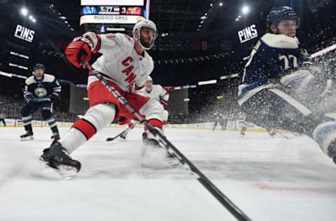 COLUMBUS, OH – OCTOBER 24: Joel Edmudson #6 of the Carolina Hurricanes skates against the Columbus Blue Jackets on October 24, 2019 at Nationwide Arena in Columbus, Ohio. (Photo by Jamie Sabau/NHLI via Getty Images)