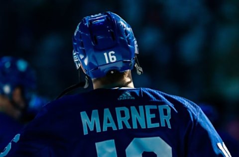 TORONTO, ON - APRIL 17: Mitchell Marner #16 of the Toronto Maple Leafs during opening ceremonies before a game against the Boston Bruins during the first period during Game Four of the Eastern Conference First Round during the 2019 NHL Stanley Cup Playoffs at the Scotiabank Arena on April 17, 2019 in Toronto, Ontario, Canada. (Photo by Kevin Sousa/NHLI via Getty Images)