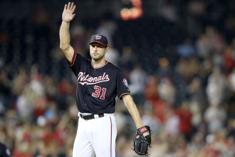 WASHINGTON, DC – SEPTEMBER 25: Starting pitcher Max Scherzer #31 of the Washington Nationals acknowledges the crowd after recording his 300th strikeout for the year against the Miami Marlins for the second out of the seventh inning at Nationals Park on September 25, 2018 in Washington, DC. (Photo by Rob Carr/Getty Images)