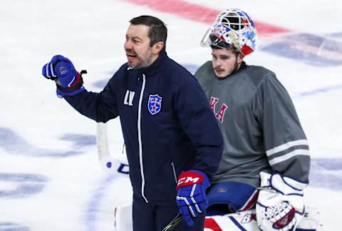 ST PETERSBURG, RUSSIA MARCH 25, 2019: HC SKA St Petersburg’s goaltender Igor Shestyorkin (R) and head coach Ilya Vorobyov during an open training before their 2018/19 KHL Western Conference final playoff tie against HC CSKA Moscow. Alexander Demianchuk/TASS (Photo by Alexander DemianchukTASS via Getty Images)