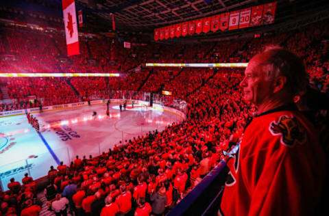 Apr 19, 2017; Calgary, Alberta, CAN; General view prior to the game between the Calgary Flames and the Anaheim Ducks in game four of the first round of the 2017 Stanley Cup Playoffs at Scotiabank Saddledome. Mandatory Credit: Sergei Belski-USA TODAY Sports