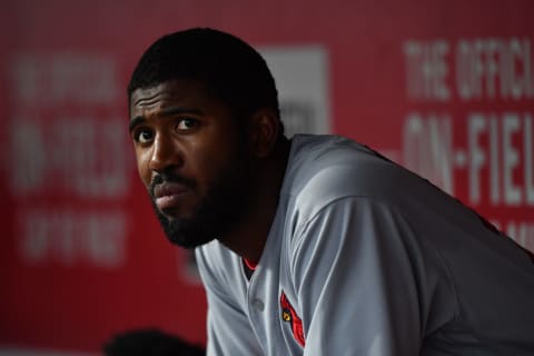 CINCINNATI, OH – JUNE 8: Dexter Fowwler #25 of the St. Louis Cardinals takes a breather in the dugout against the Cincinnati Reds at Great American Ball Park on June 8, 2018 in Cincinnati, Ohio. (Photo by Jamie Sabau/Getty Images)