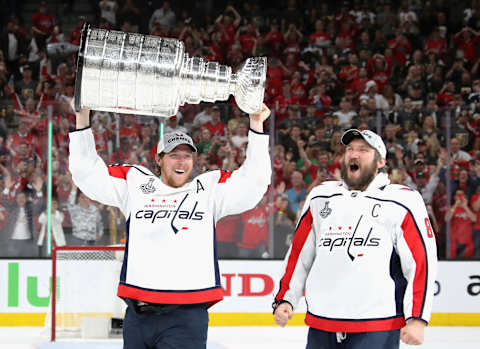 LAS VEGAS, NV – JUNE 07: (l-r) Nicklas Backstrom #19 and Alex Ovechkin #8 of the Washington Capitals skate in celebration after their team defeated the Vegas Golden Knights 4-3 in Game Five of the 2018 NHL Stanley Cup Final at the T-Mobile Arena on June 7, 2018 in Las Vegas, Nevada. (Photo by Bruce Bennett/Getty Images)