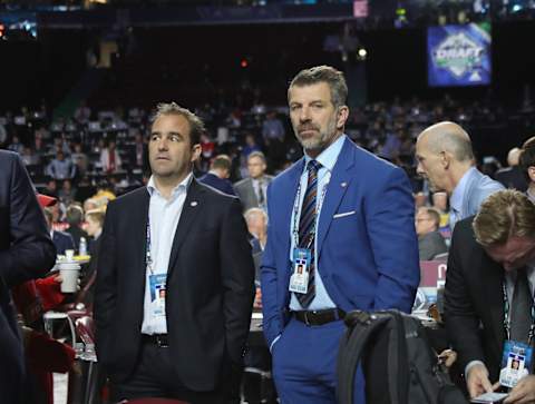 Geoff Molson and Marc Bergevin of the Canadiens attend the 2019 NHL Draft. (Photo by Bruce Bennett/Getty Images)